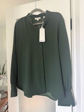 Vince Dark Green Snap-Front Blouse with Mandarin Collar